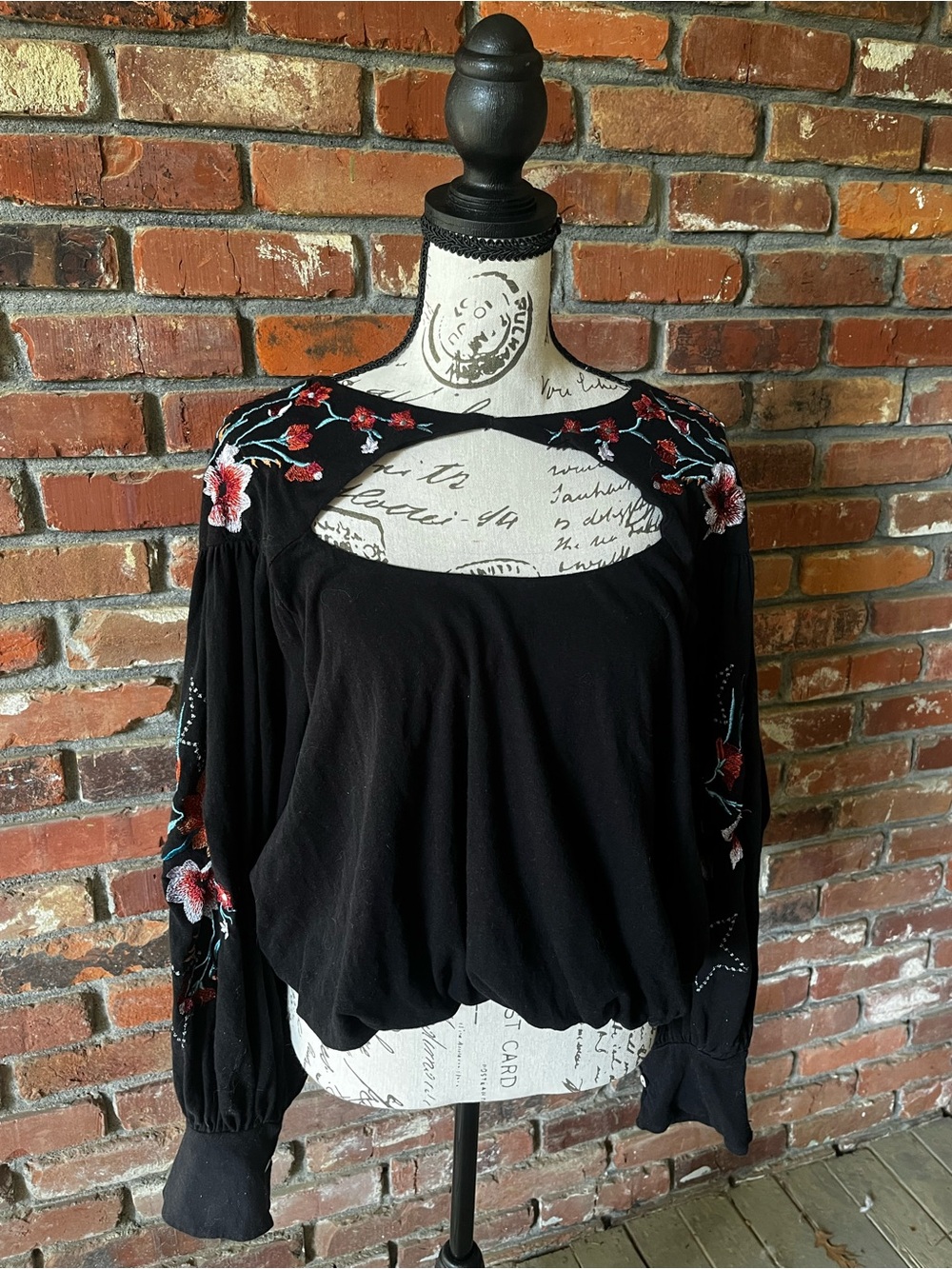 Y2K vintage whimsical Black Floral Embroidered Cutout Women's Top
